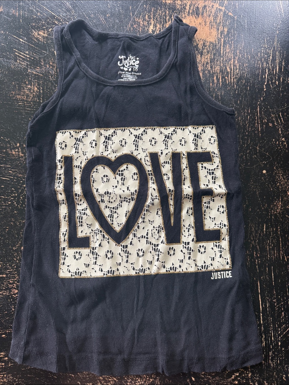 Justice Black Tank Top with Cream Lace 'LOVE' Panel